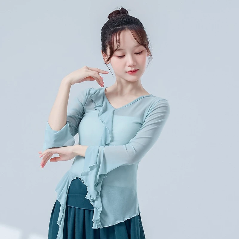 成人女古典舞蹈服荷叶领喇叭袖飘逸纱衣练功服飘逸艺考长袖演出服