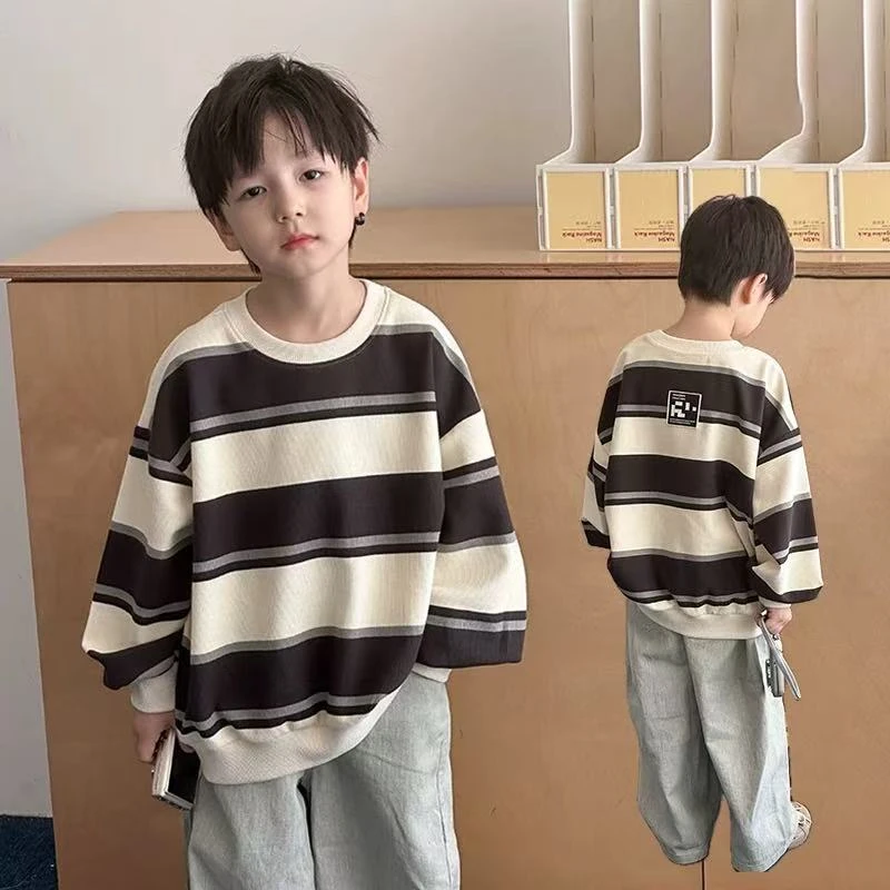 中大童圆领卫衣2025春秋季新款儿童条纹运动休闲上衣男童洋气长袖