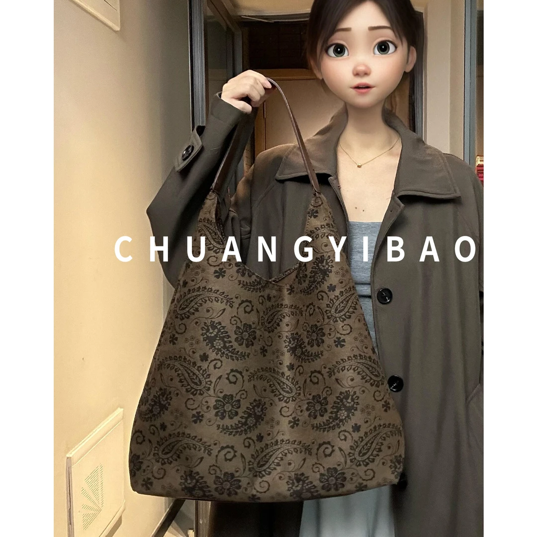 国风复古印花水桶包包女式2025新款潮韩系慵懒风腋下包通勤托特包