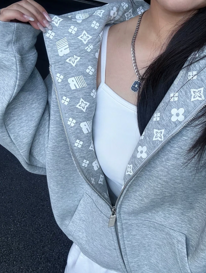 F家-美式印花开衫休闲连帽卫衣外套