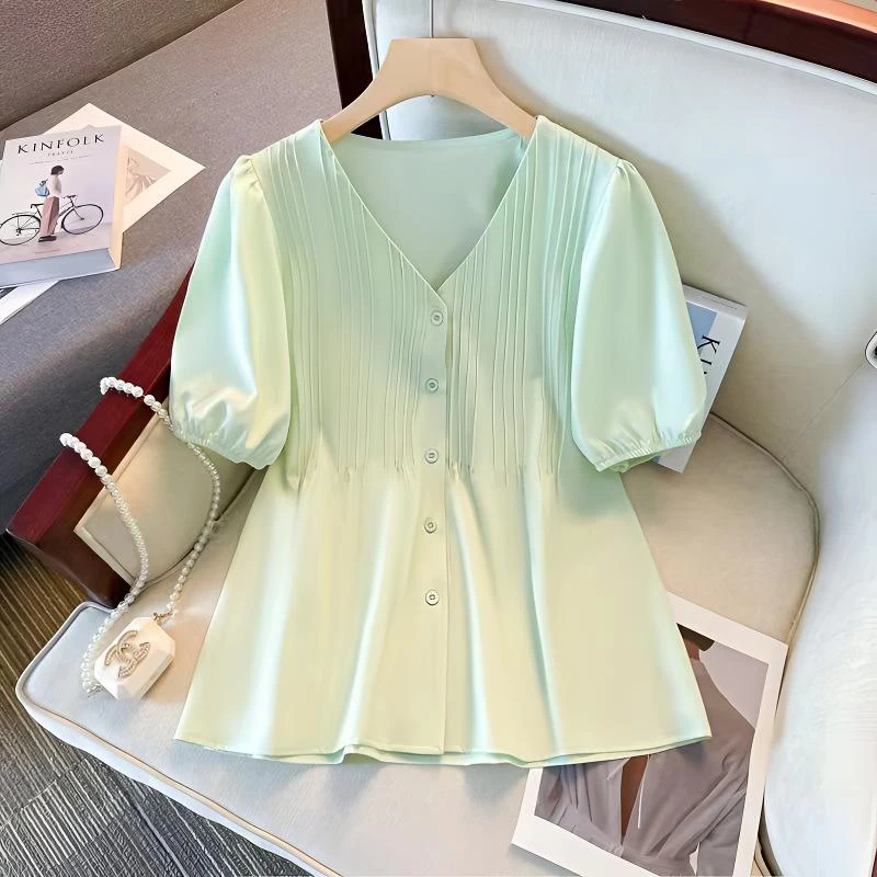 大码胖mm法式褶皱泡泡袖衬衫女夏季设计感宽松V领短袖上衣
