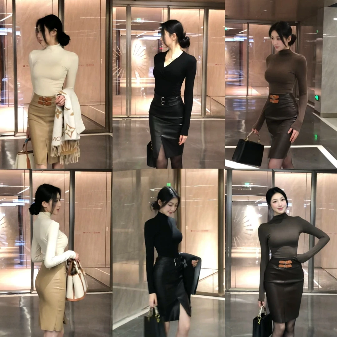 希野逸儿/基础款美学 质感升级中古皮扣拼哑光皮包臀气质高腰半裙