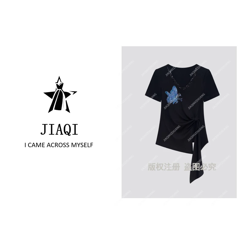 【佳琪高奢】2025夏季新款蝴蝶烫钻时尚休闲百搭短袖黑色上衣#0088