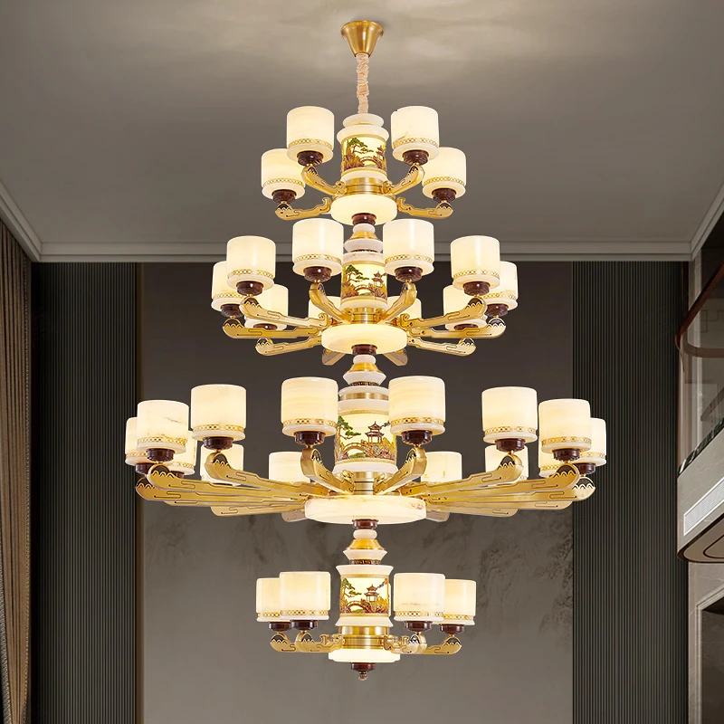 新中式翻砂铜加粗玉石客厅吊灯2024年新款别墅自建房餐厅卧室灯