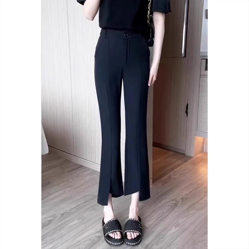 素颜神裤~垂感微喇开叉西装裤女夏大码高腰显瘦直筒休闲八九分裤