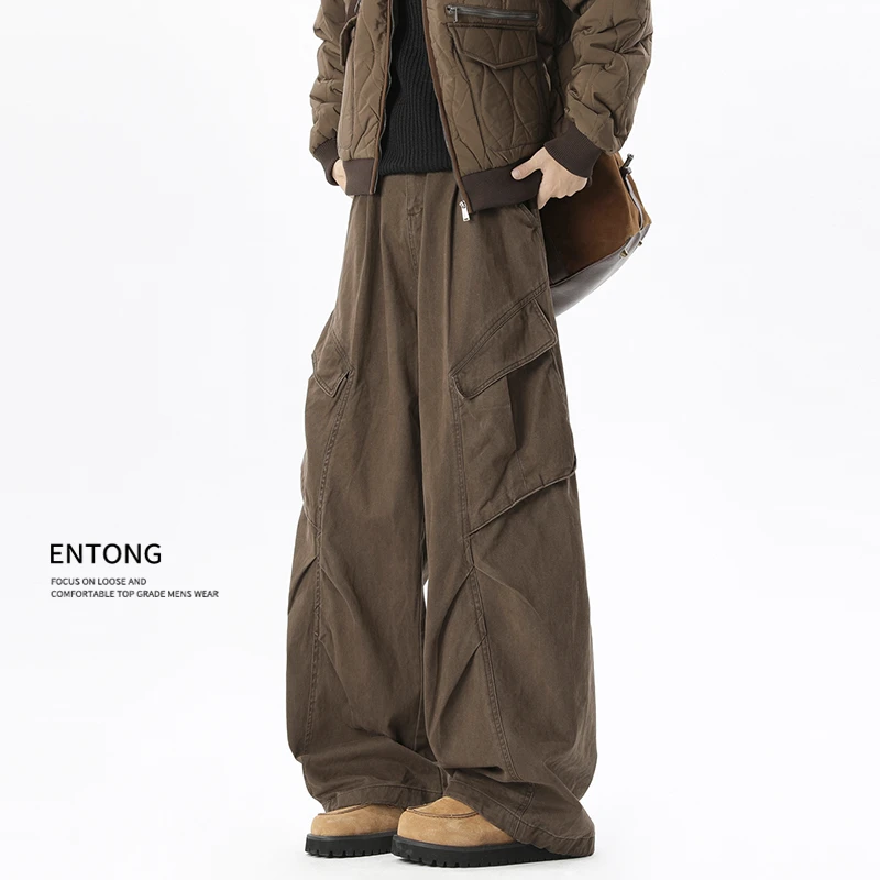 Entong美式复古褶皱工装休闲裤男生秋冬百搭大口袋宽松解构阔腿裤