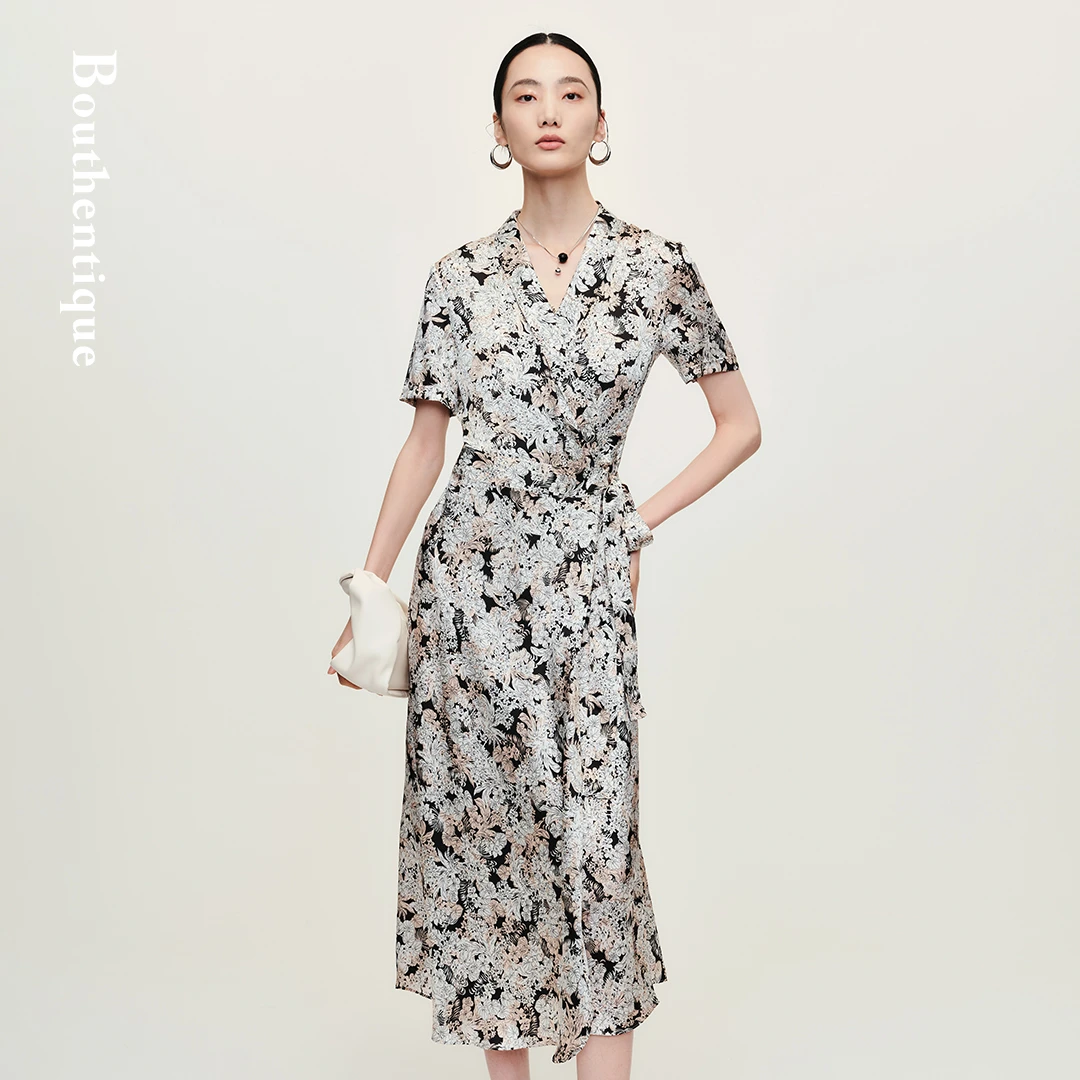 Bouthentique罗马假日 印花缎收腰连衣裙224211D1S32