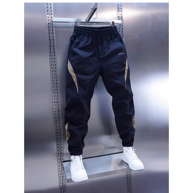 潮流男士夏季薄款拼接速干休闲裤松紧腰束脚裤百搭禅意修身小脚裤