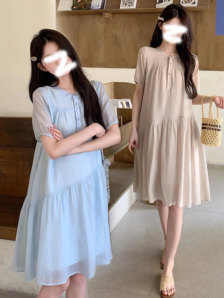 法式温柔风短袖气质连衣裙女夏2025新款小个子大码宽松显瘦a字裙