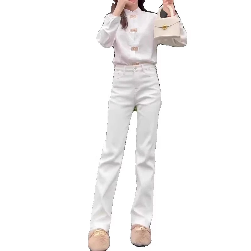 白色窄版牛仔裤女2025年新款小个子高腰显瘦直筒拖地裤子夏季薄款