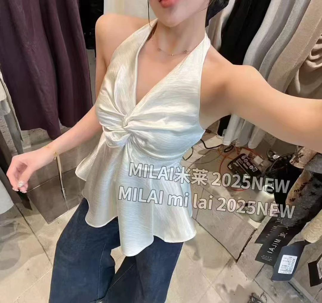2025新款气质百搭高级性感辣妹百褶挂脖吊带背心无袖