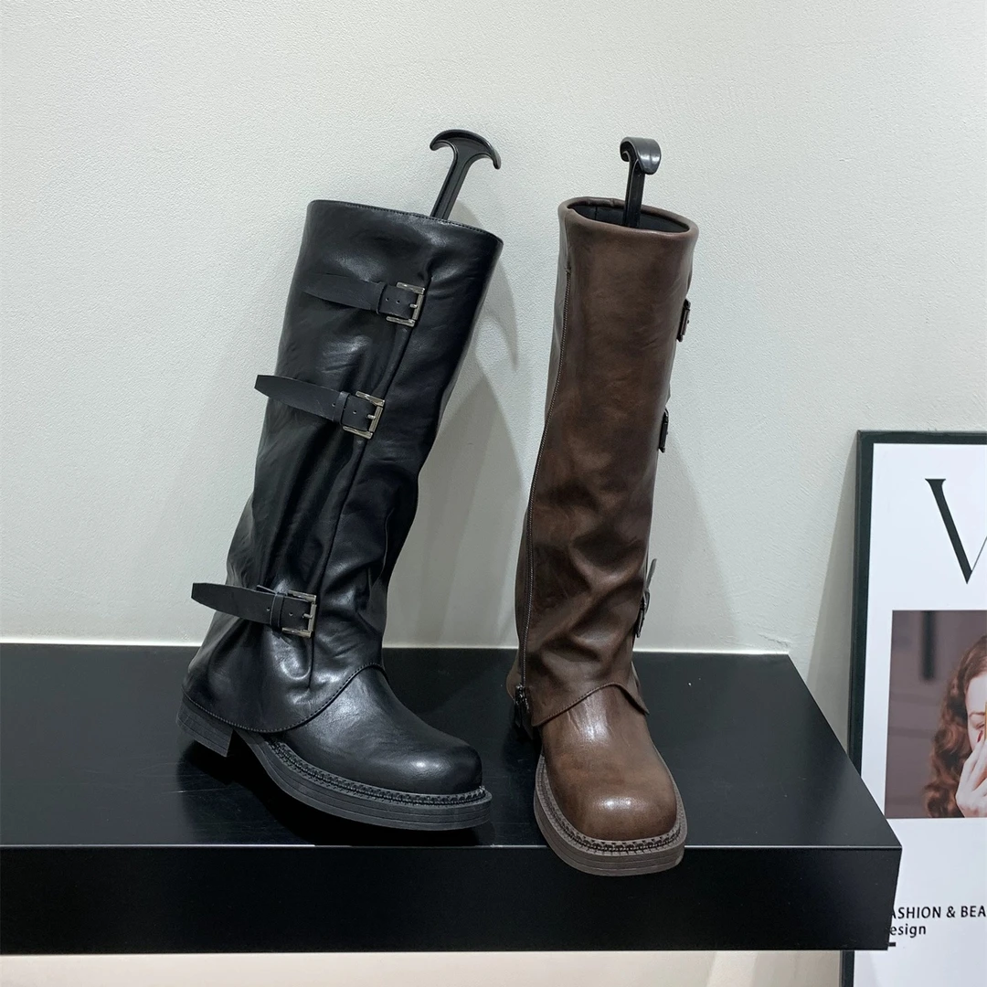 厚底棕色美拉德长筒骑士靴女靴子2025新款秋冬季黑色机车中筒长靴