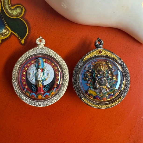 古法手绘【千手观 大黑天】双面擦擦 手工擦擦佛 S925银外壳