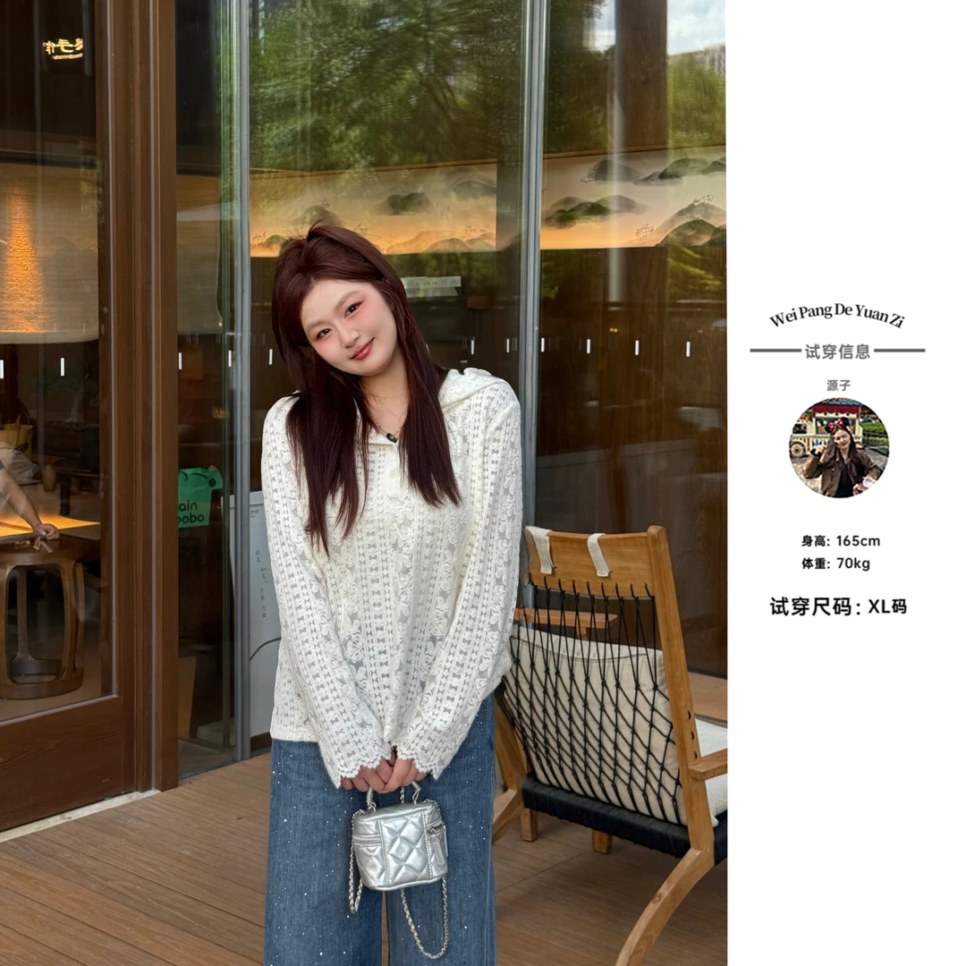 楠序【心动循环】源子微胖女装 2025年秋装小众连帽蕾丝衫YZ37158