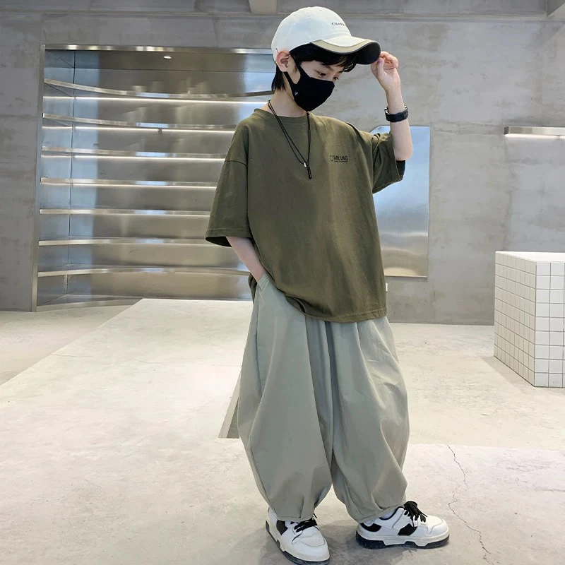 儿童装男童夏装纯棉套装2025新款夏季时髦中大童男孩帅气灯笼裤潮