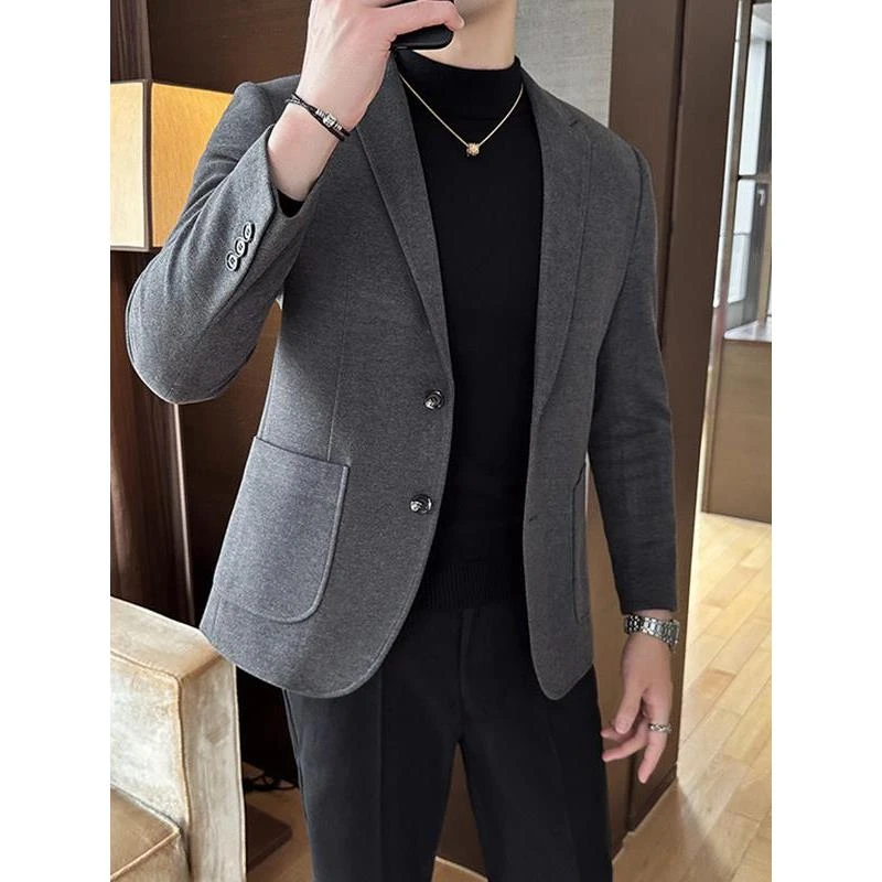 秋冬季韩版男士毛呢修身外套男两粒扣西装潮流休闲加厚西服高级感