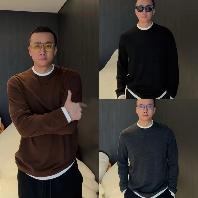 秋季美式老钱风潮牌假两件圆领针织男士高端休闲百搭舒适感针织衫