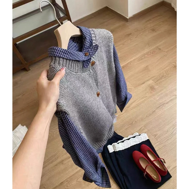 韩系软糯毛针织马甲开衫女外搭上衣宽松慵懒叠穿秋冬灰色马夹背心