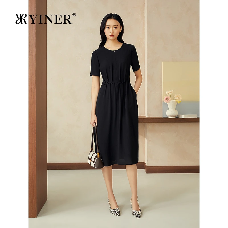 【雅致黑裙】YINER音儿专选2025夏季新款醋酸法式褶艺显瘦连衣裙