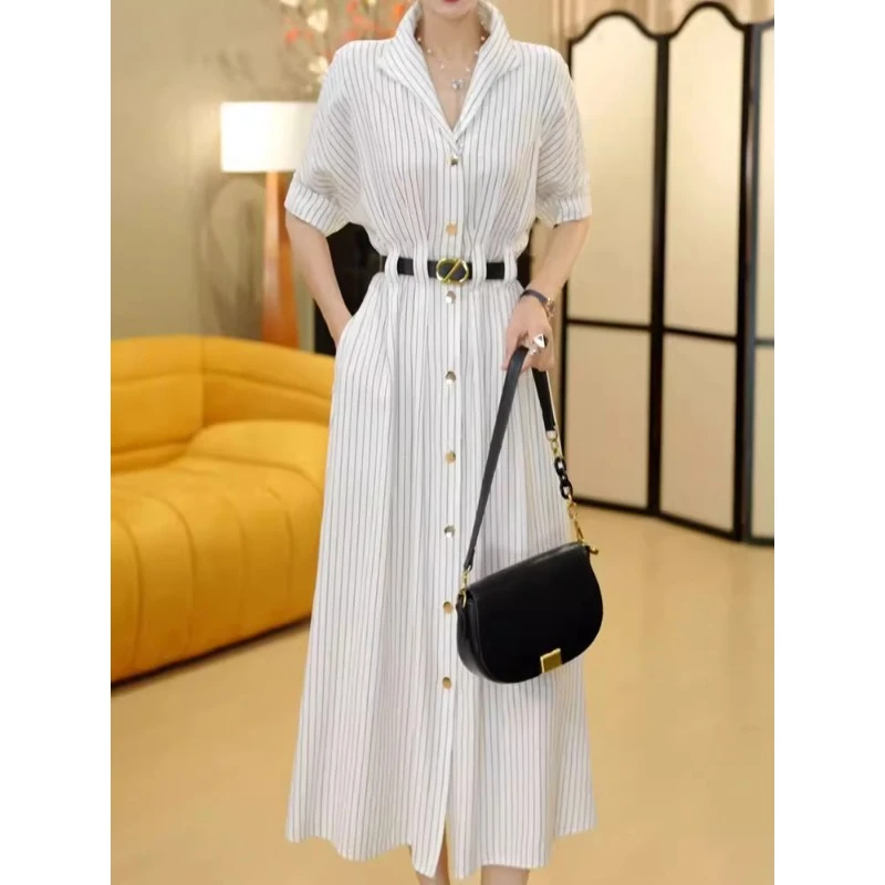 优雅气质条纹短袖连衣裙女2025夏季新款休闲通勤显瘦中长款A字裙