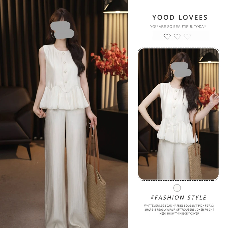 气质无袖设计感拼接马甲上衣2025夏季新款显瘦直筒阔腿裤两件套女