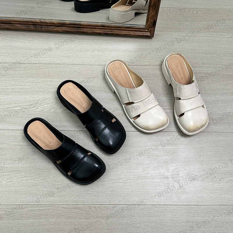 2cm/ED2016牛皮包头半拖鞋女外穿夏季新款英伦风低跟凉拖穆勒拖鞋