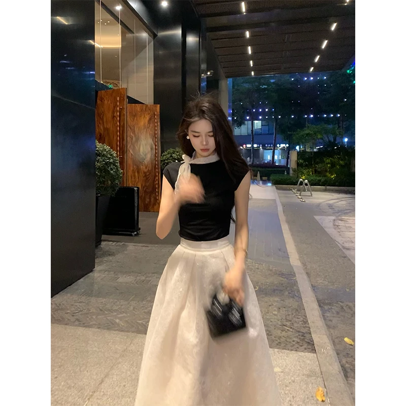 木子李的李【明月清风】气质高腰短袖绑带收腰上衣拉链半身裙LL9629