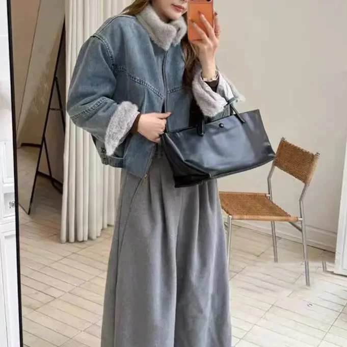 欧货加绒加厚牛仔外套女冬季短款2025新款毛拼接棉服派克服1033#