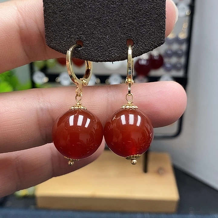 银S925镀金镶嵌南红玛瑙耳饰尺寸16mm