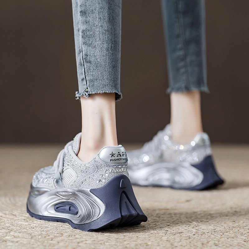 欧货2025新款满钻银色单网老爹鞋女夏季女鞋厚底松糕鞋透气运动鞋