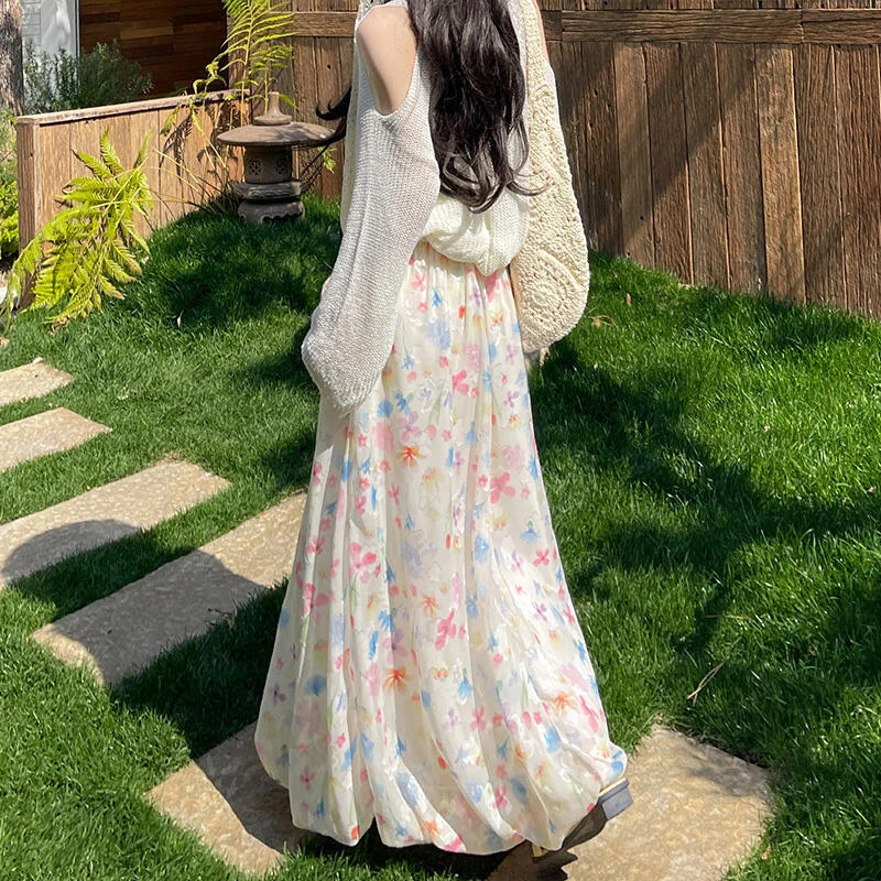彩色碎花蓬蓬花苞短裙女夏季2025新款冰丝高腰显瘦多巴胺休闲裙子