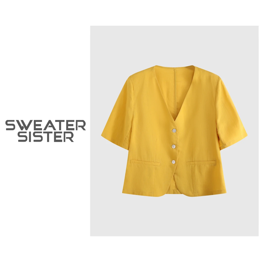 V领单排扣休闲显瘦短袖西装上衣女647-6631