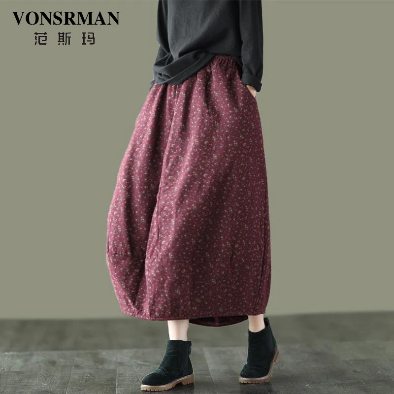 VONSRMAN秋冬款复古碎花半身裙松紧腰加厚文艺花苞裙棉裙宽松休闲