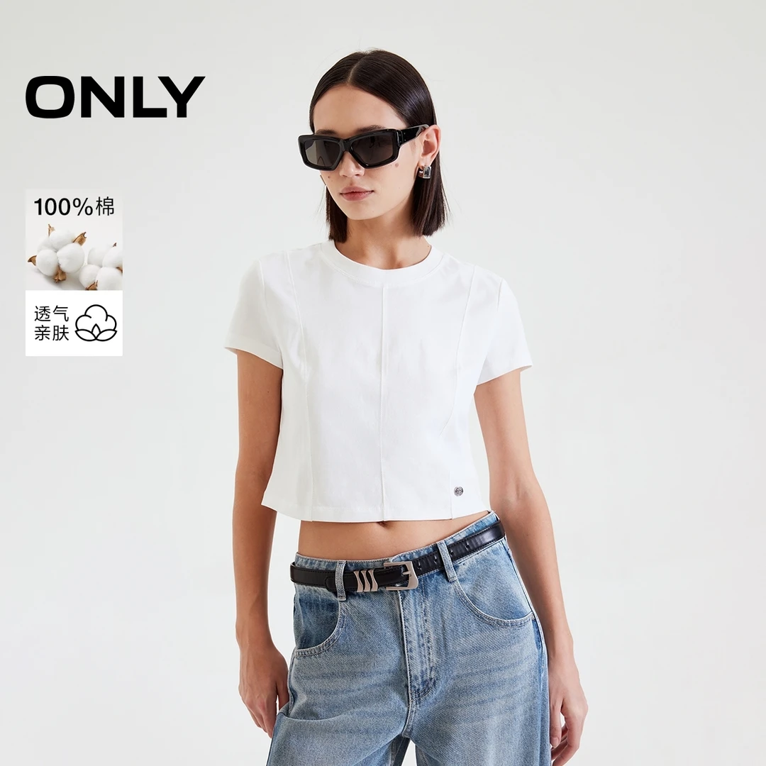 ONLY2025夏季新款金属LOGO装饰纯棉短款圆领正肩T恤女|125201047