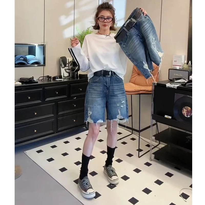 宽松短裤破洞牛仔裤子夏天时尚宽松阔腿裤夏季显瘦透气五分裤修身