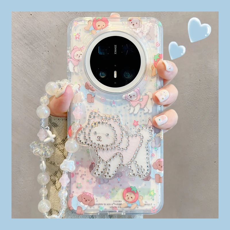 适用华为mate70pro+手机壳格纹彩色mate60pro+星星小狗镶钻支架女