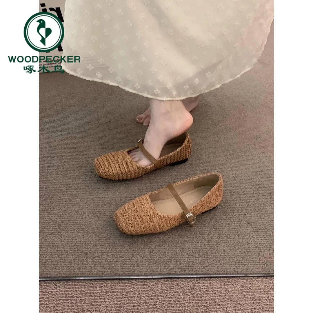 啄木鸟小众编织棕色单鞋仙女鞋子2025新款夏季玛丽珍配裙子勃肯鞋