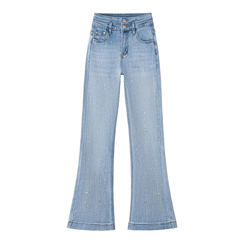 2025年秋冬季新款牛仔裤女喇叭烫钻高腰显瘦时尚休闲加绒加厚1621