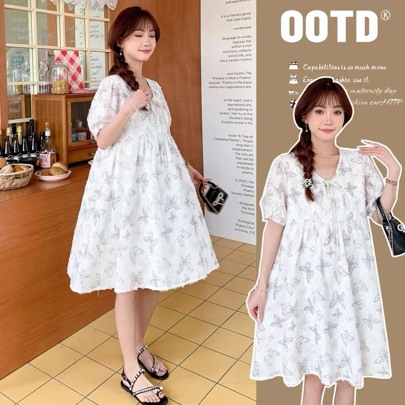 孕妇连衣裙夏装2025新款宽松简约V领雪纺提花蝶连衣裙小个子夏季
