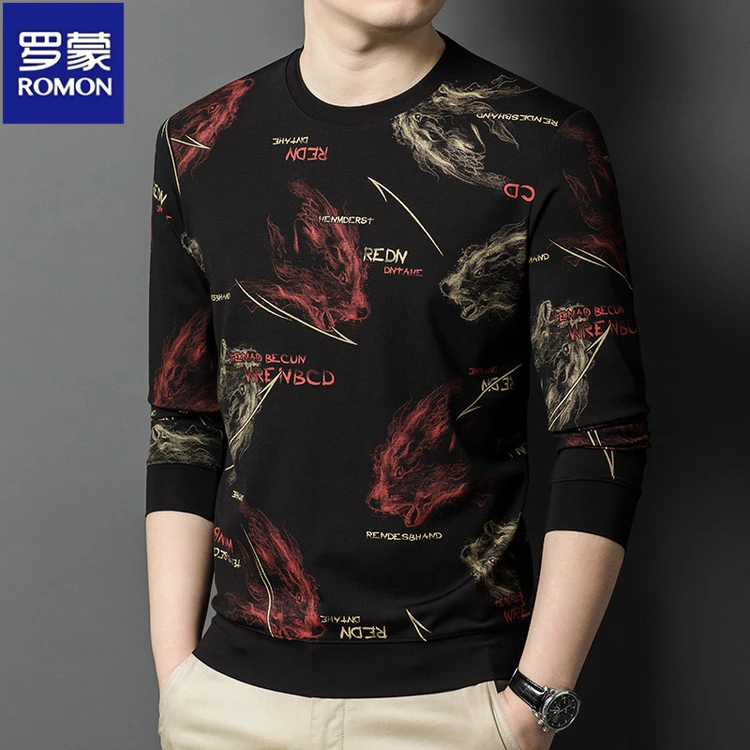罗蒙男士长袖卫衣春秋季新款潮牌圆领印花潮流时尚百搭宽松T恤男