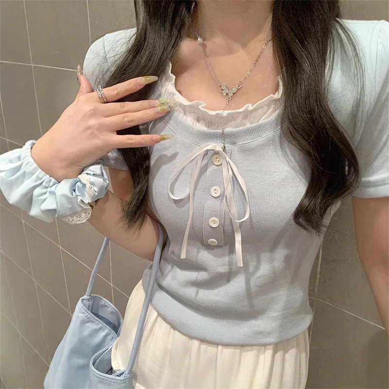 甜美纯欲少女风木耳边短袖T恤女夏季韩版撞色系带假两件拼接上衣