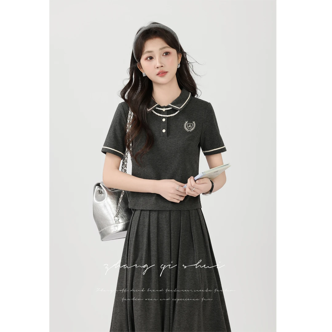 张汽水《慵懒学院派》灰色上衣百褶半身裙子学院风两件套装LZ075113