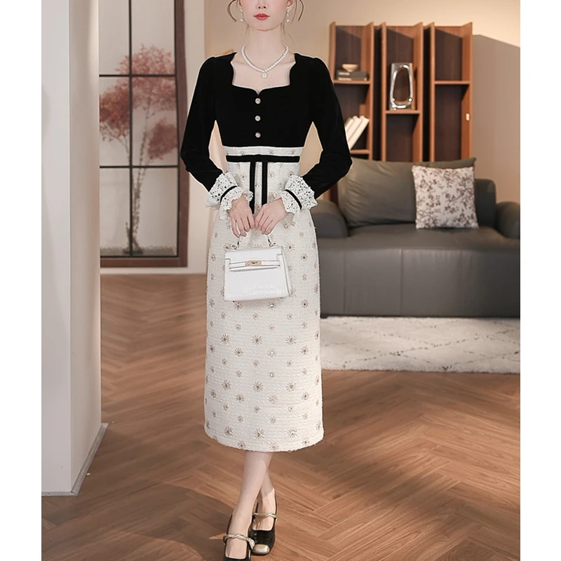 Meika-【瑞雪婵娟】秋冬时尚拼接修身显瘦法式连衣裙女-BN207K