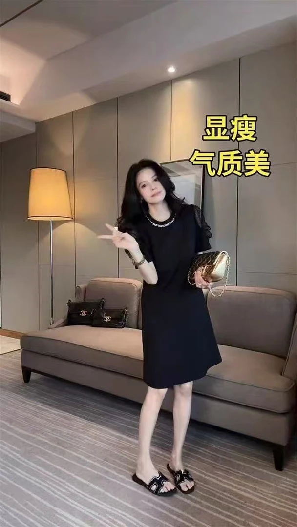 2025大码夏季新款法式时尚简约百搭镶钻设计网纱拼接短袖连衣裙