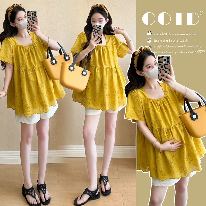 高级感孕妇套装2025夏季新款蕾丝刺绣娃娃衫上衣小香风孕妇两件套