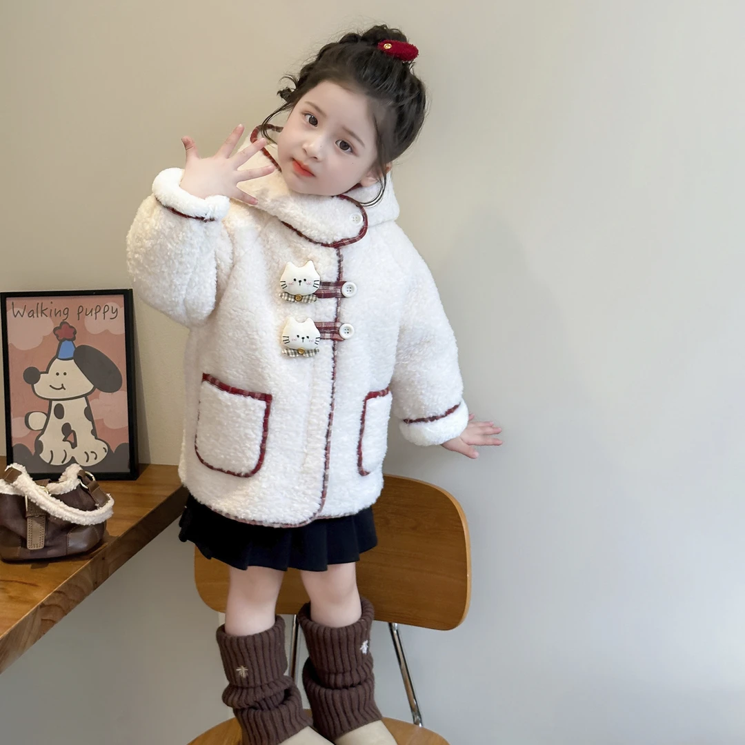 女童韩版冬季格子毛毛衣外套女宝宝冬款连帽加厚儿童套装女孩保暖