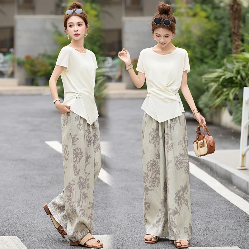 短袖t恤阔腿裤套装女2025超火夏装一整套小个子显瘦减龄两件套潮