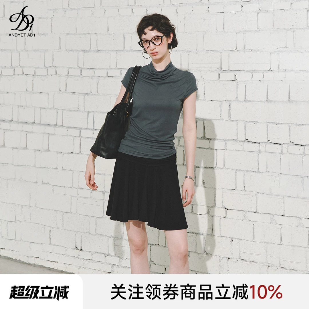 ANDYET AD1荡领正肩t恤复古通勤褶皱显瘦短袖慵懒遮肉小飞袖上衣