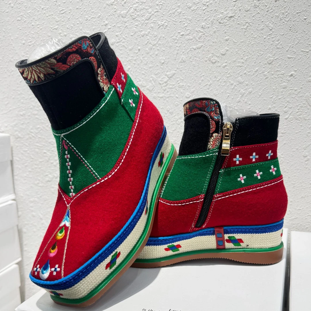 藏式女鞋高帮平底传统休闲女款时尚透气软底长筒民族风绣花