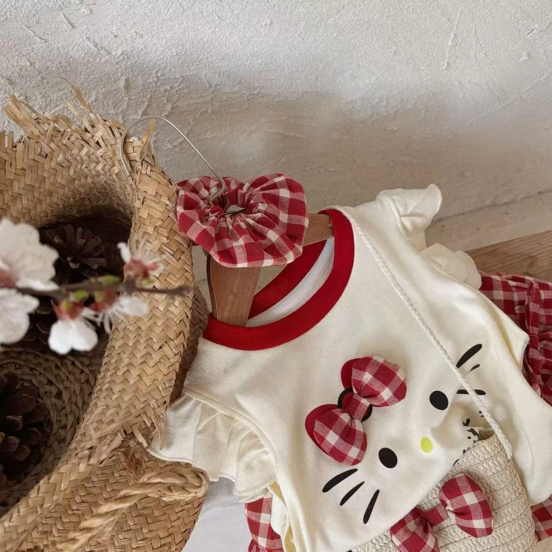 童星圆女童可爱卡通套装夏女宝宝洋气可爱kitty猫上衣格子半身裙